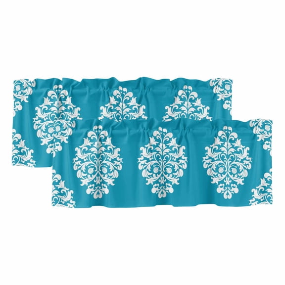 Baroque Blue Valances for Windows, Decorative Rod Pocket Window Valance Curtains, Vintage Damask Classic Floral Short Curtain Drapes for Kitchen/Bathroom/Living Room, 2 Panels, 42" W x 18" L