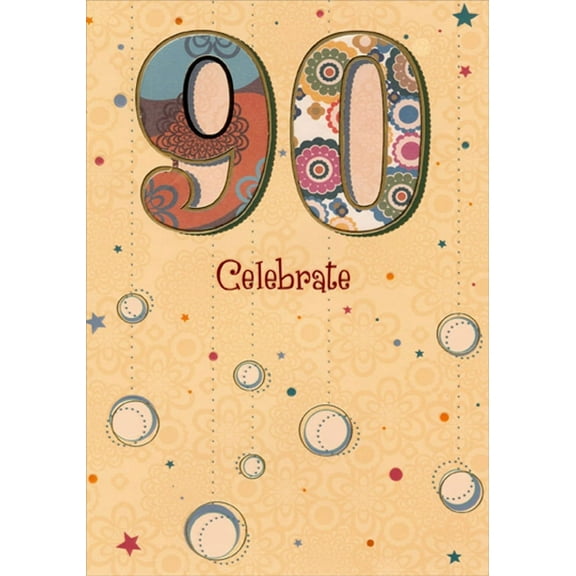 Designer Greetings Celebrate Blue, Red and Flowers in Die Cut Windows on Cream Age 90 / 90th Birthday Card