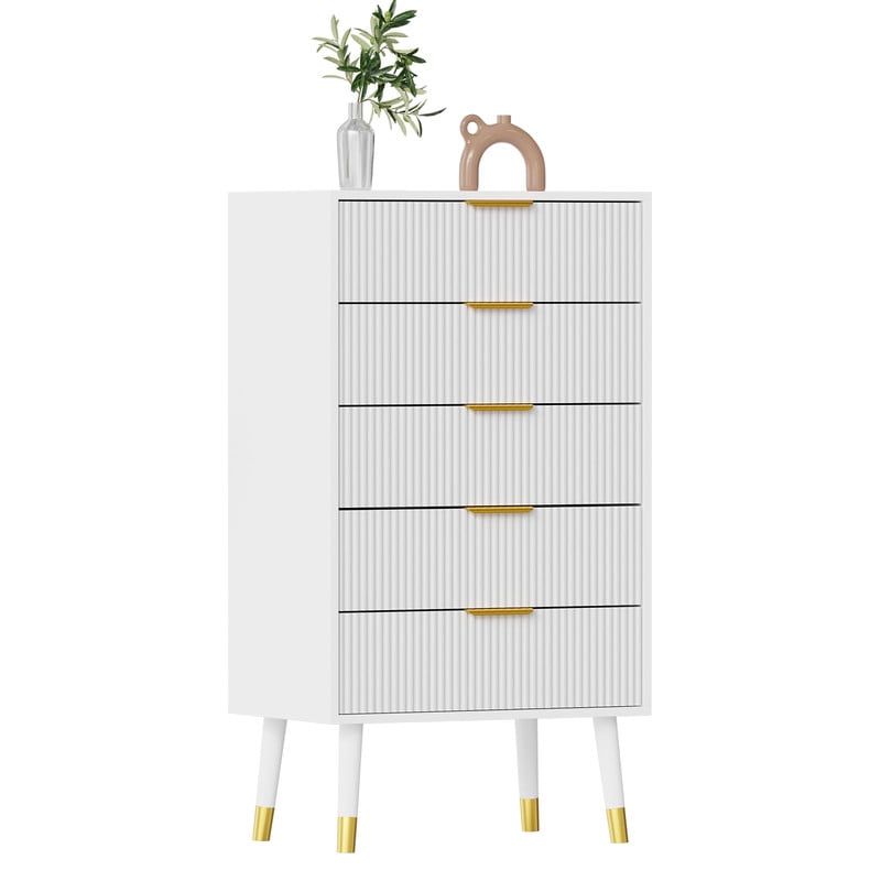 TROPOW 5 Drawer Dresser for Bedroom, Modern Closet Dressers Chest of Drawers, Storage Chest Cabinet Organizer Unit, Small Fluted Nightstand for Bedroom