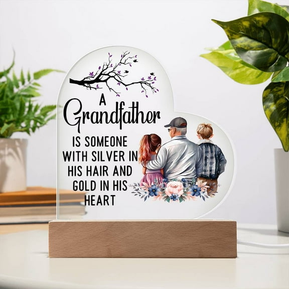 A Grandfather With a Silver Printed Heart Shaped Acrylic Plaque