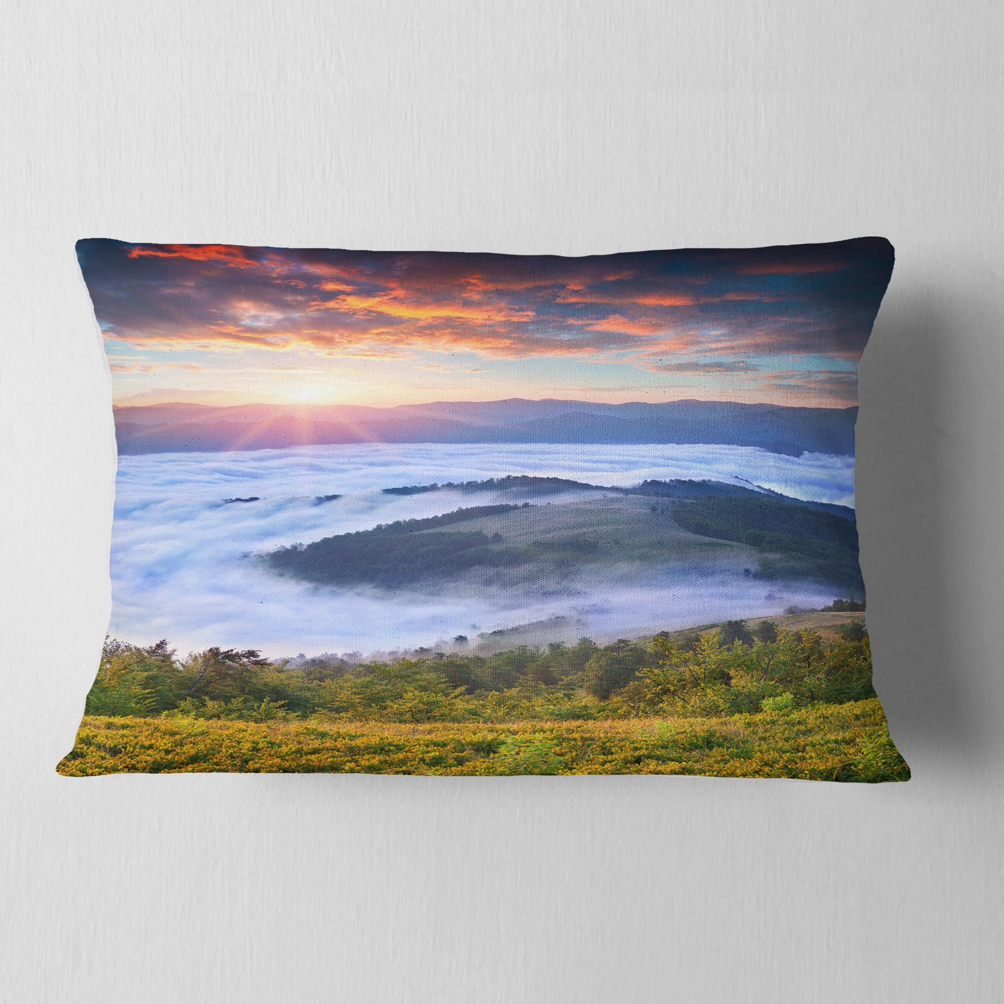 Designart Colorful Sunrise Over Foggy Waters - Landscape Photography Throw Pillow - 12x20