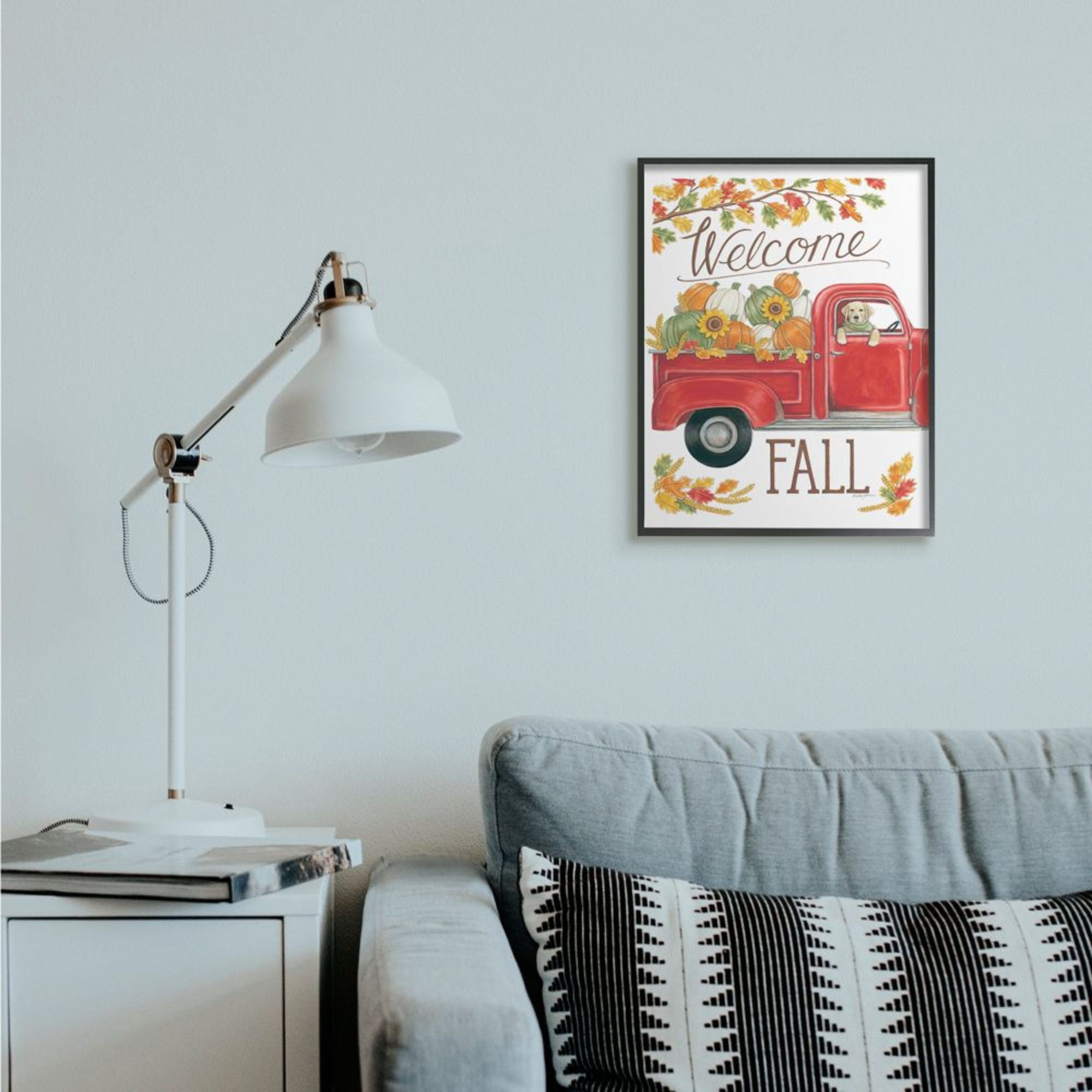 Stupell Industries Welcome Fall Phrase Autumn Red Truck Dog Design by Deb Strain, 16" x 20", Black Framed