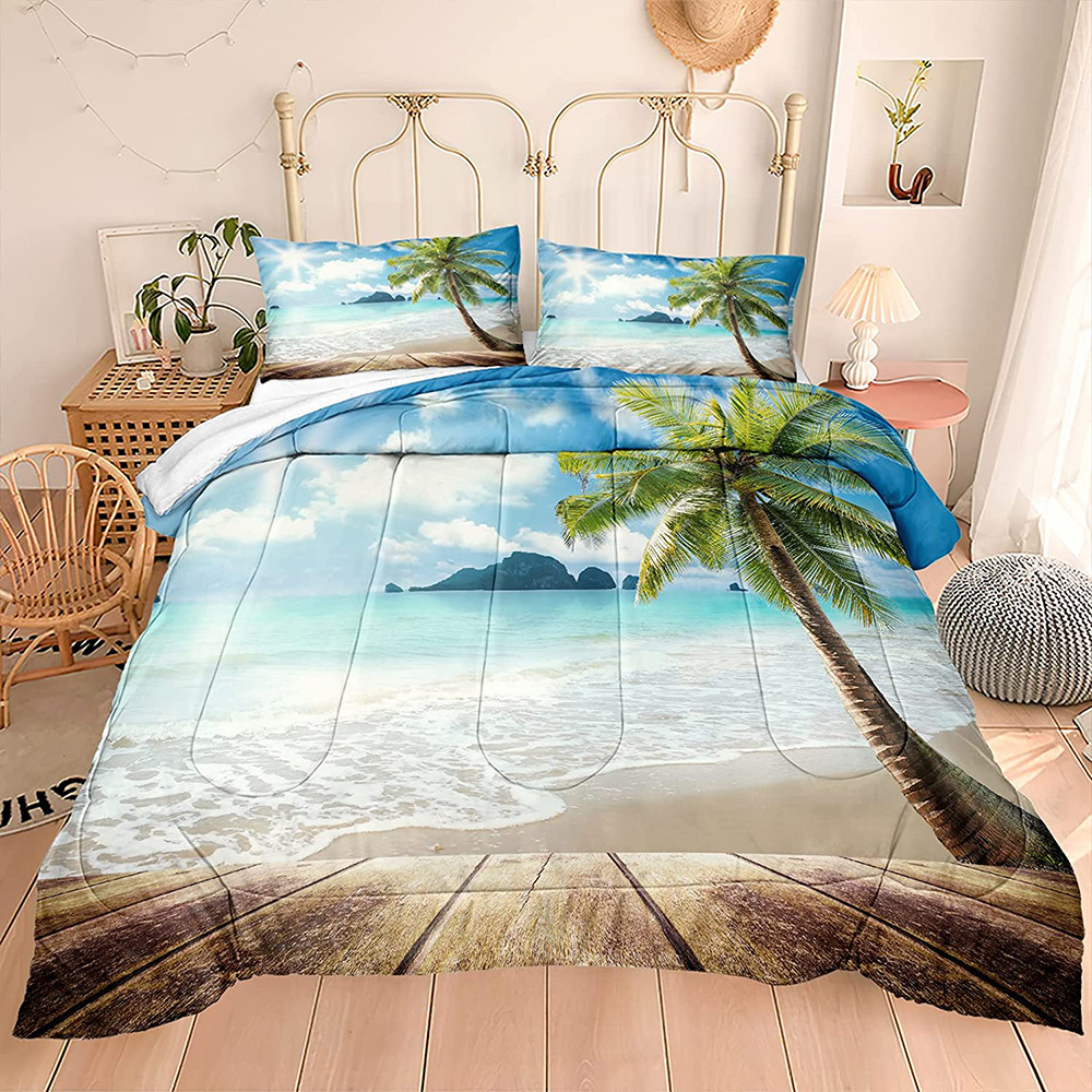 Beach Comforter Set Ocean Themed Bedding Set Sunny Beach Palm Tree Hawaii Style Tropical Beach