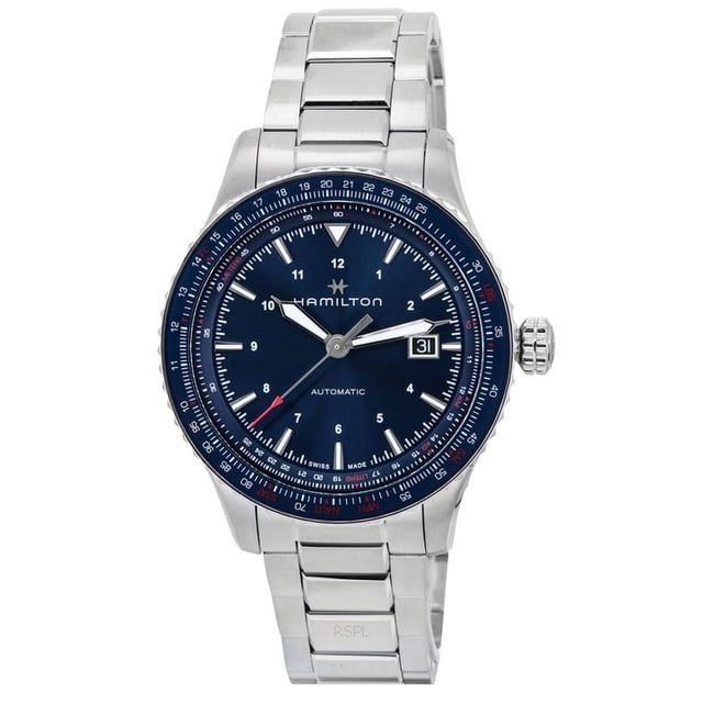 hamilton khaki aviation converter blue dial automatic h76645140 100m men's watch vista frontal de reloj de acero inoxidable para hombre con esfera azul, manecillas tipo espada luminiscentes, índices aplicados, ventana de fecha a las 3, escala convertidora en bisel y rehaut, brazalete de eslabones pulidos y corona atornillada; movimiento automático y resistencia 100M; también suele usarse como reloj de viaje por su función convertidora.