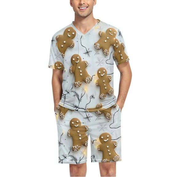 joogoo Men's Pajama Set Gingerbread Christmas V-Neck Pj Shorts Set 2 Piece Loungewear Sleepwear L
