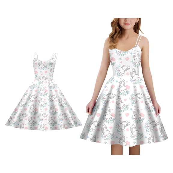 Easter Dress Girls Cute Print Spaghetti Strap A-Line Dress Girl Sundress Girls 9-10 Years Dresses