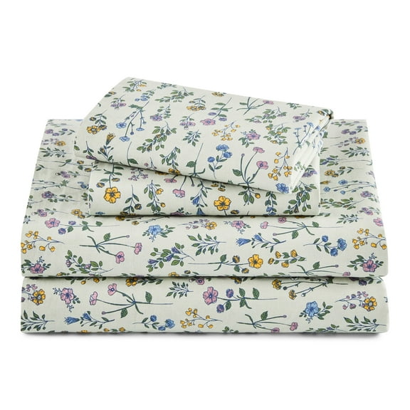 Beautiful Botanical 4-Piece 100% Cotton Percale Sage Green Sheet Set, Queen by Drew Barrymore