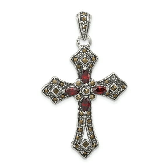 Sterling Silver Antiqued Red Marquise CZ Marcasite Cross Pendant QC5279