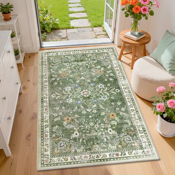 MJIAexp 3x5 Floral Boho Bedroom Rug Washable Vintage Boho Area Rug Non-Slip Accent Throw Rug Stain Resistant Floor Carpet for Kitchen Entryway Bathroom Living Room Office Green