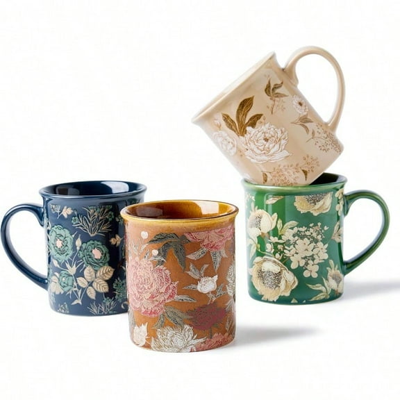 Coffee Mugs Set of 4 12oz Ceramic Tea Cups with Floral Design Hand wash only Microwaveable Gift Box Perfect for Cappuccino Latte Hot ChocolateTazas Para Cafe Bonitas Royal Bloom