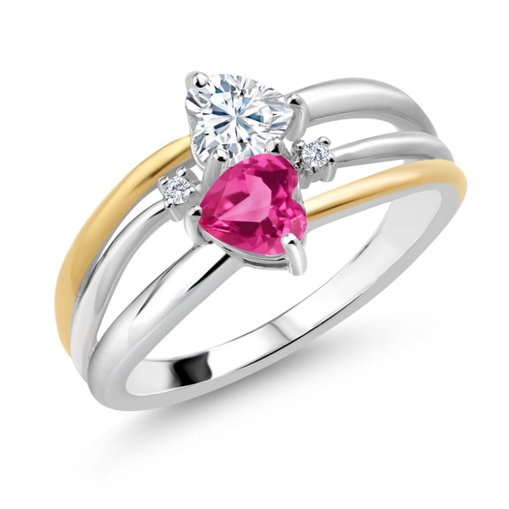 Gem Stone King 925 Silver and 10K Yellow Gold White Moissanite and Pink Created Sapphire and White Lab Grown Diamond Band Ring for Women (1.04 Cttw, Gemstone, Heart Shape 5MM, Size 8)