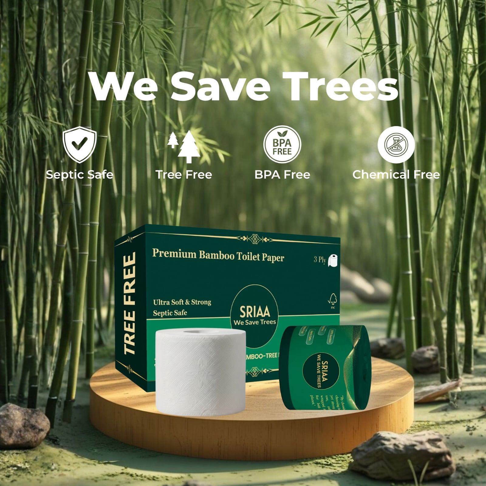 SRIAA 100% Bamboo Tree-Free Toilet Paper – 24 Premium Family Mega  Rolls, 3-Ply, 300 Sheets Per Roll – Ultra Soft & Strong, Plastic-Free Packaging, Septic Safe, FSC Certified – We Save Trees