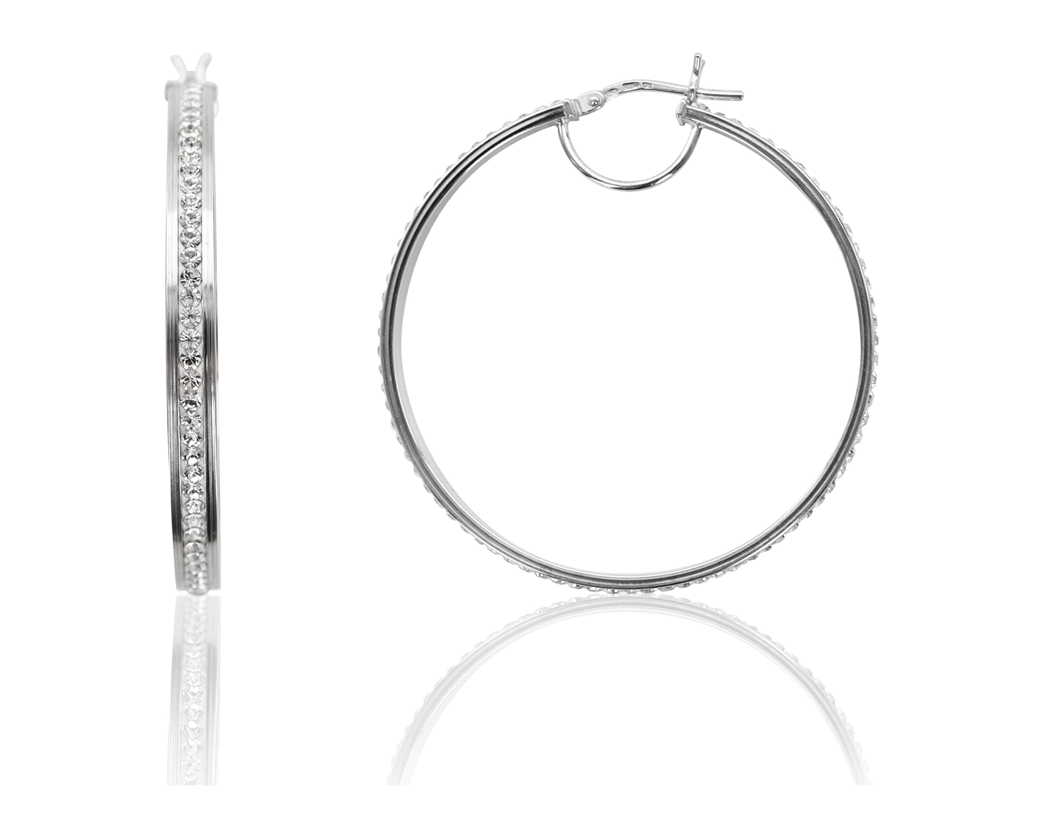Brilliance Fine Jewelry Rhodium Plated Sterling Silver Classic Crystal Round Hoop Women's Earring