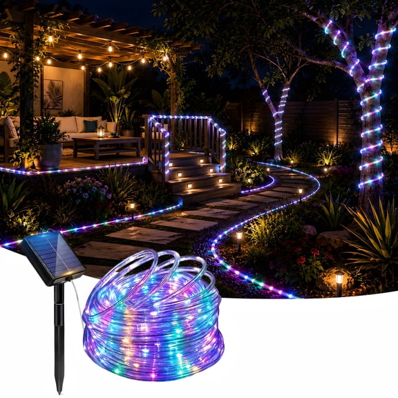 VOLIVO 66FT Solar Rope Lights Outdoor, Waterproof Fairy Lights with 8 Lighting Modes, Multi-color String Lights for Garden Yard Christmas Decoration