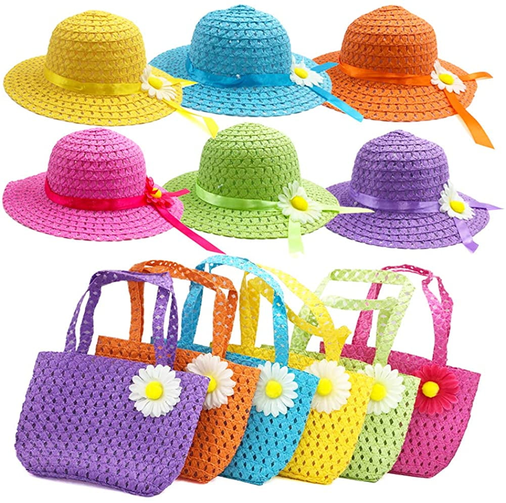 Girls Sunflower Straw Tea Party Hat Set 8 Pcs, Assorted Colors 