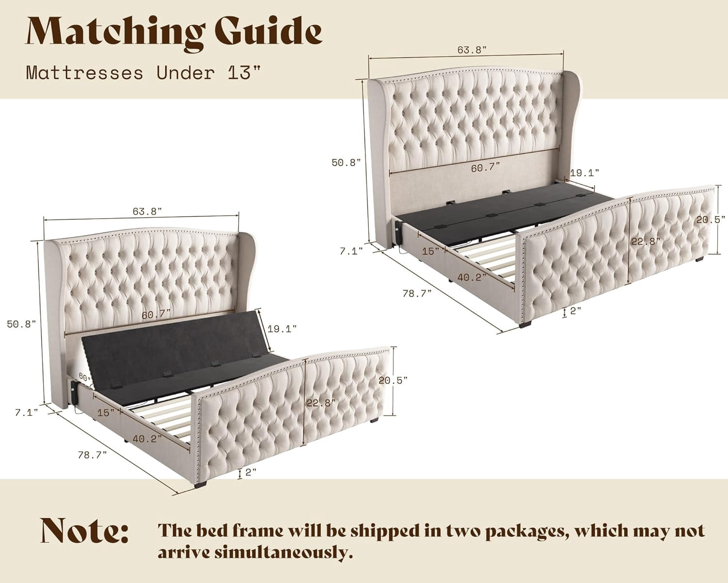 PLAUIN Queen Size Bed Frame, Deep Button Tufted Wingback with Nailhead Trim & Adjustable Base, Cream