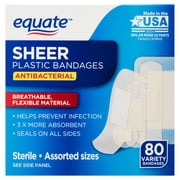 Equate Sheer Antibacterial Plastic Bandages, Assorted Sizes, 80 Ct