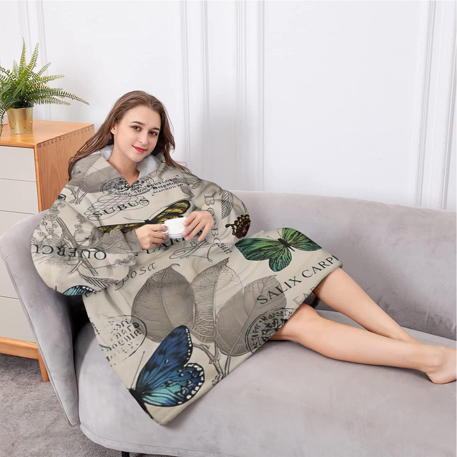 Oversized Wearable Blanket Hoodie,Butterfly Leaf Text Pattern Sherpa Blanket Hoodie with Super Pockets,Super Warm Fuzzy Pullover for Women & Men