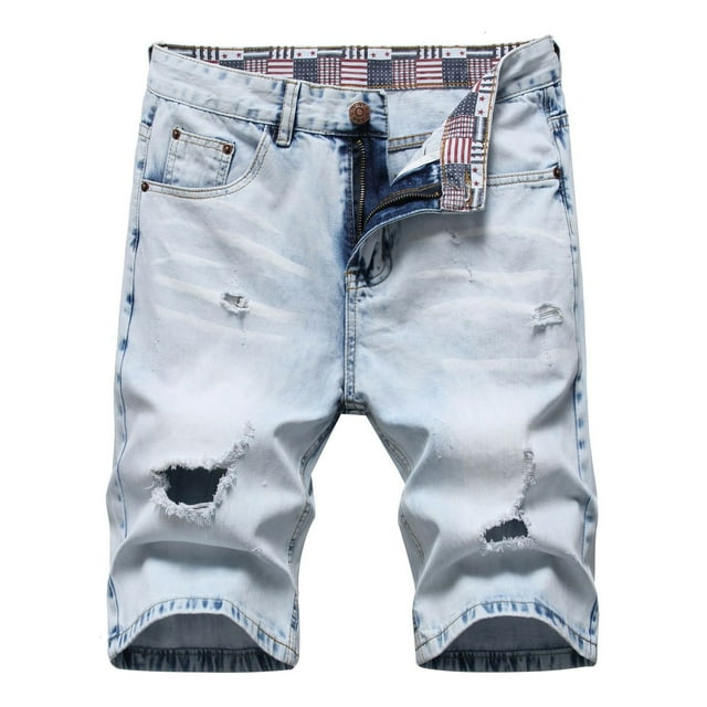Spring Clearance!Mens Denim Shorts on Sale Relaxed Fit Distressed Straight Short-Pant Summer Trendy Ripped Five Point Pants Regular Fit Trunks Streetwear