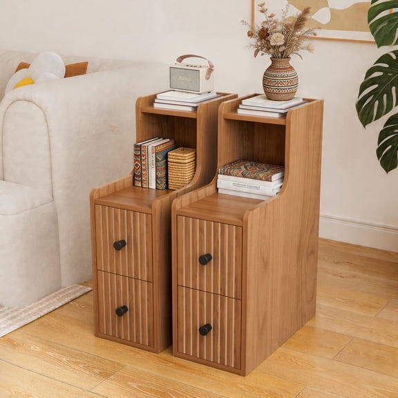Narrow End Table Set of 2, Fluted Wooden Slim Side Table with 2 Drawers, Mid-Century Modern Nightstand in Walnut for Living Room & Bedroom (No Charging Station)