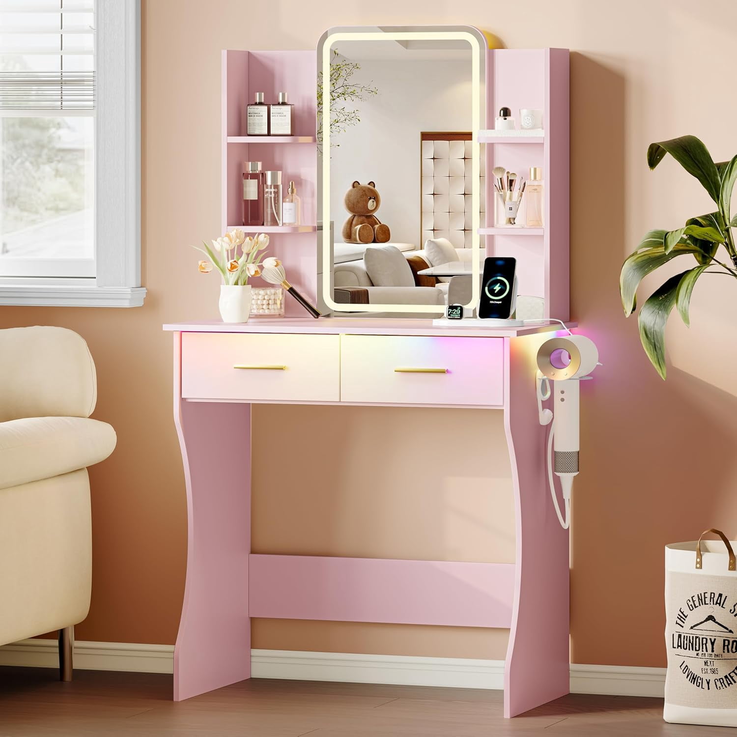 FANRAL Vanity Desk with LED Lighted Mirror and Power Outlet,Makeup Vanity Table with Storage Drawers,3 Lighting Modes and Adjustable Brightness,Dressing Table for Bedroom,Pink Vanity