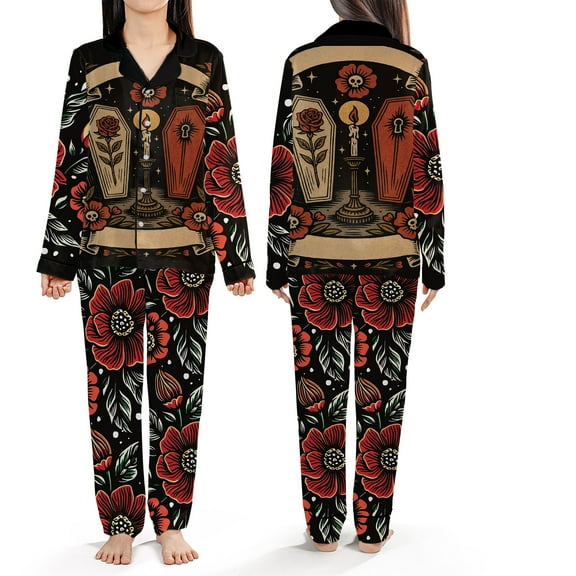 Gothic Coffin Candle Satin Pajamas Set, Gothic Couple All Over Print Sleepwear, Vintage Floral Valentine Loungewear