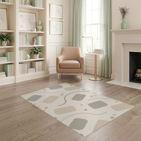 ODIKA 4'x6' Beige Grey Abstract Geometric Modern Washable Area Rug Flowing Curves Rounded Rectangles Scattered for Bedroom, Reading Nook, Pet Friendly & Non-Shedding