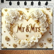 Mr & Mrs Wedding Backdrop White Roses Golden Glitter Flower Heart Bridal Shower Photography Background Heart Wreath Couple Wedding Party Decorations Bride to Be Engagement Banner Props