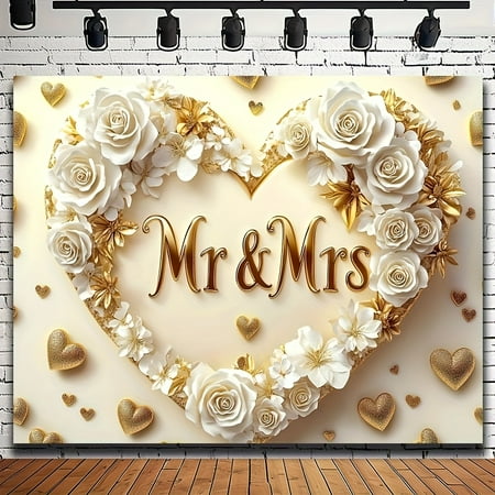Mr & Mrs Wedding Backdrop White Roses Golden Glitter Flower Heart Bridal Shower Photography Background Heart Wreath Couple Wedding Party Decorations Bride to Be Engagement Banner Props