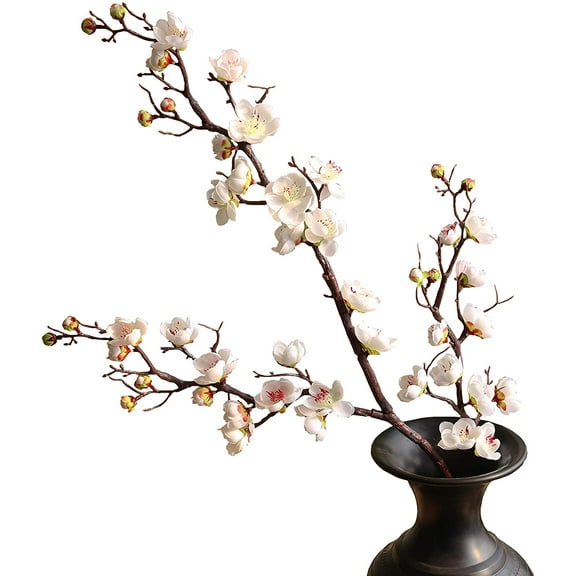 NAMZI 3pcs Artificial Cherry Blossom Branches,23 Inch Long Stem Silk Plum Blossom with Buds,White