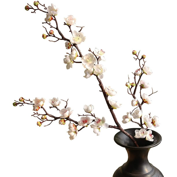 Nvzi 3 ramas de flores de cerezo artificiales, tallo largo de 23 pulgadas, flores de ciruelo de seda con brotes, color blanco