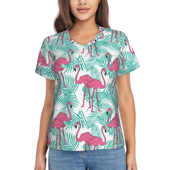Vsdgher Flamingo Women Shirts V Neck Short Sleeve Tops T-Shirt Basic Tees, S to 3XLSmall