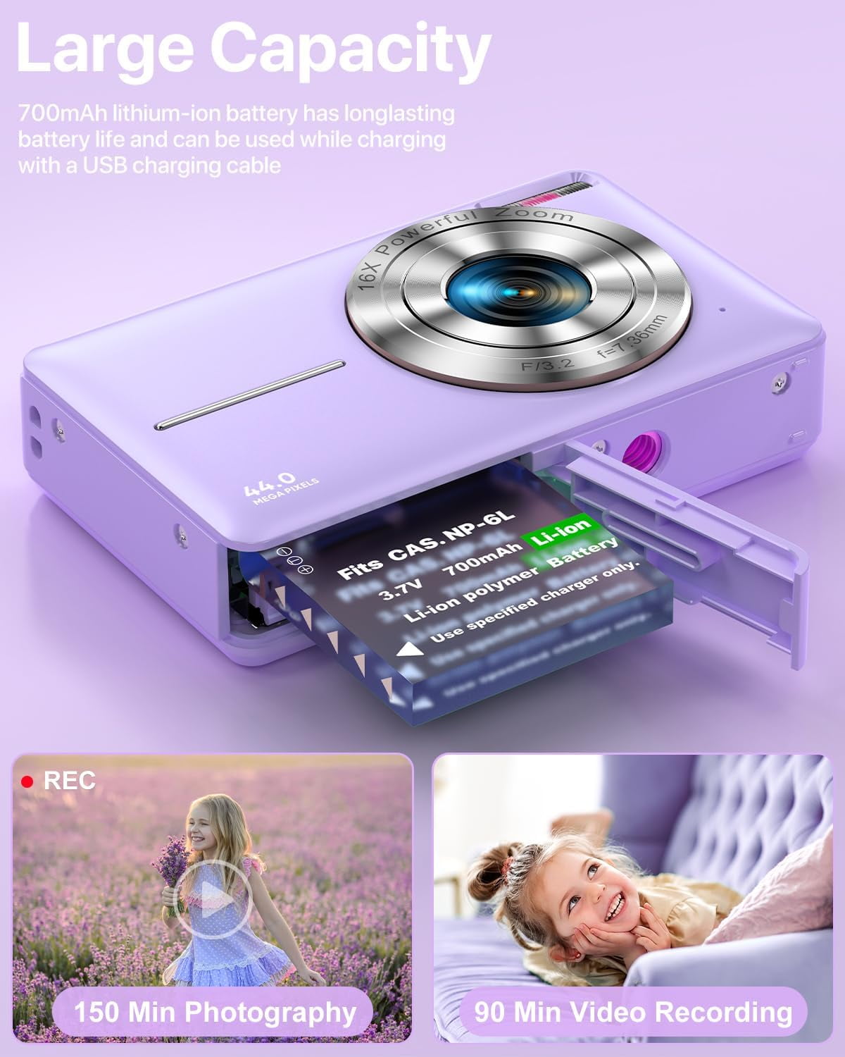 ACTITOP Digital Camera for Kids with 32GB FHD 1080P 16X Digital Zoom Compact Point and Shoot Vlogging Camera for Teens(Purple)