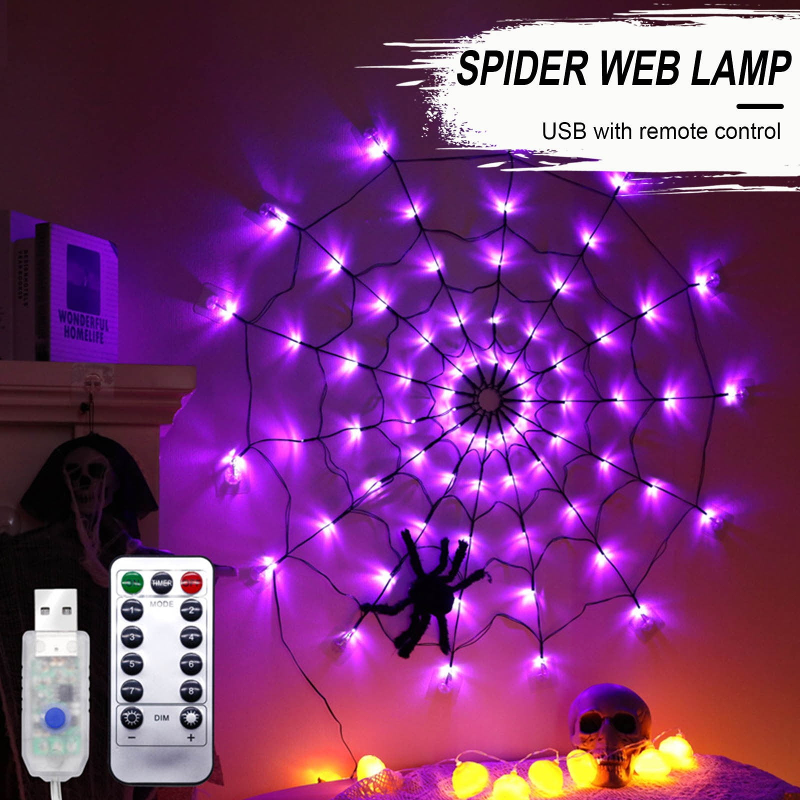 EQWLJWE Halloween Decorations Lights Spider Web LED Black Spider Cobweb 
