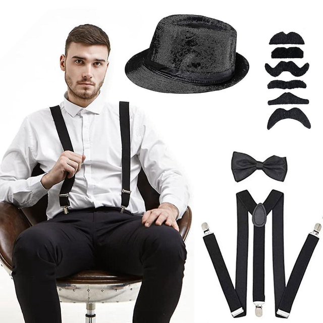 1920 Mens Gatsby Costume Accessory Set With Gangster Hat Beard Elastic Braces Neck Bow Pocket Watch