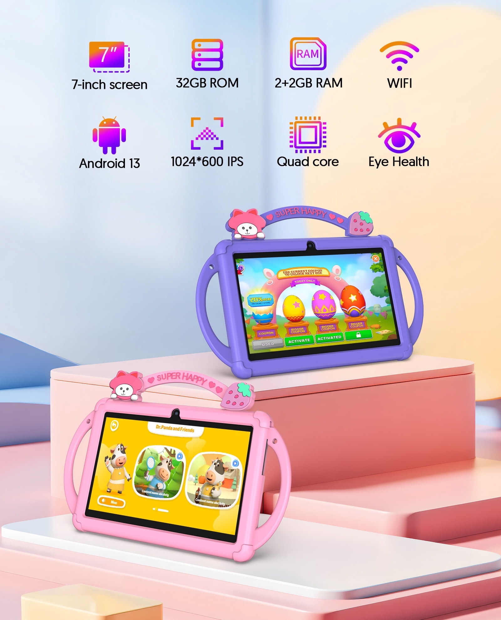 Kids Tablet, 7 inch Android 13 Tablet, Quad Core CPU, 4GB(2G+2G)RAM+32GB ROM, 1024 x 600 IPS, WiFi, Bluetooth（Pink）