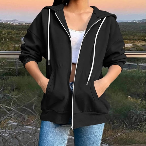 Oksale Zip Up Hoodie Women Lightweight Cozy 3/4 Length Tops with Pockets Casual Drawstring Solid Color Sweatshirts Gray L