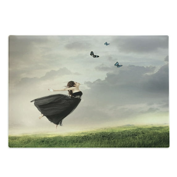 Butterfly Cutting Board, Poetry Bleak Weather Day Tulle Dress Jumping Girl with Butterflies, Decorative Tempered Glass Cutting and Serving Board, Large Size, Olive Green Pale Grey, by Ambesonne