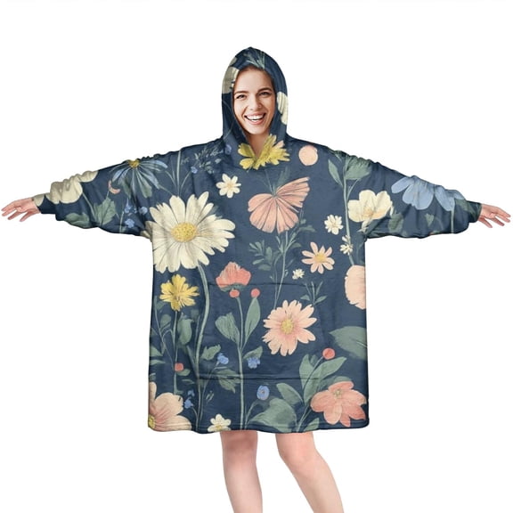 Wearable Oversized Blanket,Pioneer Flower Floral Print Pattern Wearable Blanket Hoodie for Adults,Cozy Hooded Blankets with Super Pockets,Super Warm Fuzzy Pullover for Women & Men