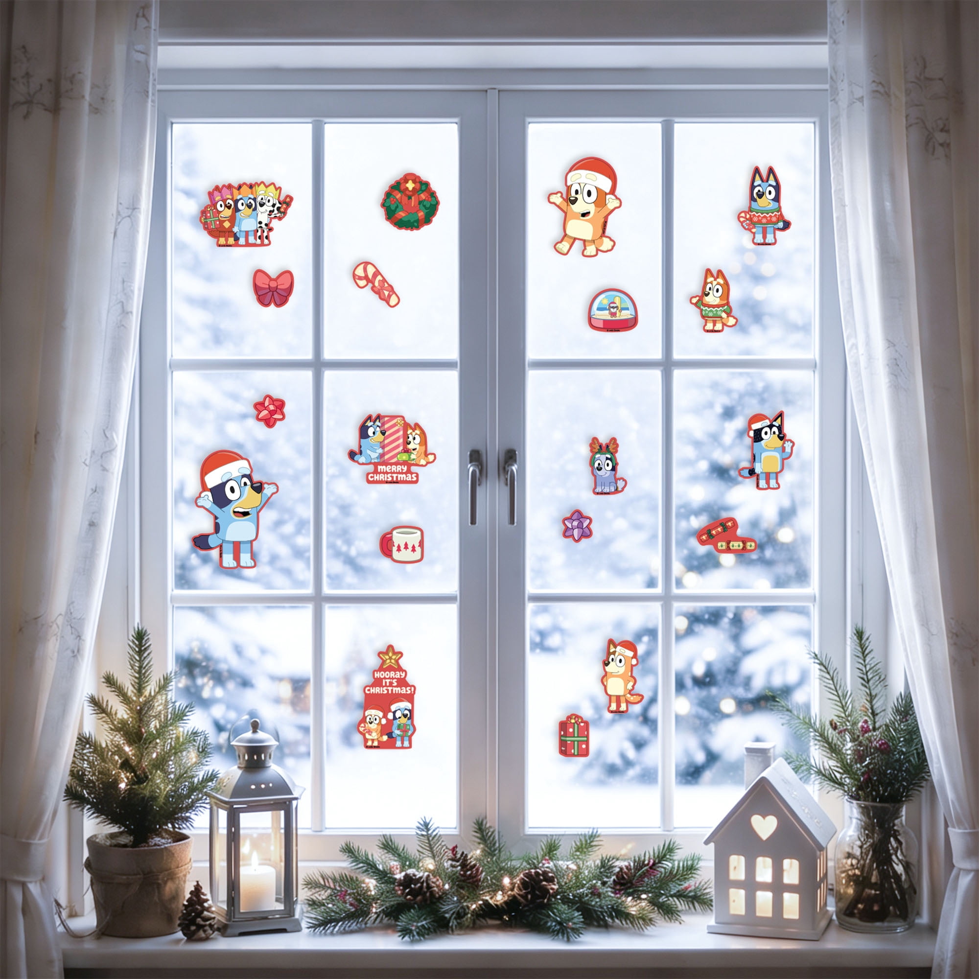 Bluey Christmas Window Clings, 19‑Piece Holiday Static Window Decorations – Bluey, Bingo & Family Festive Designs