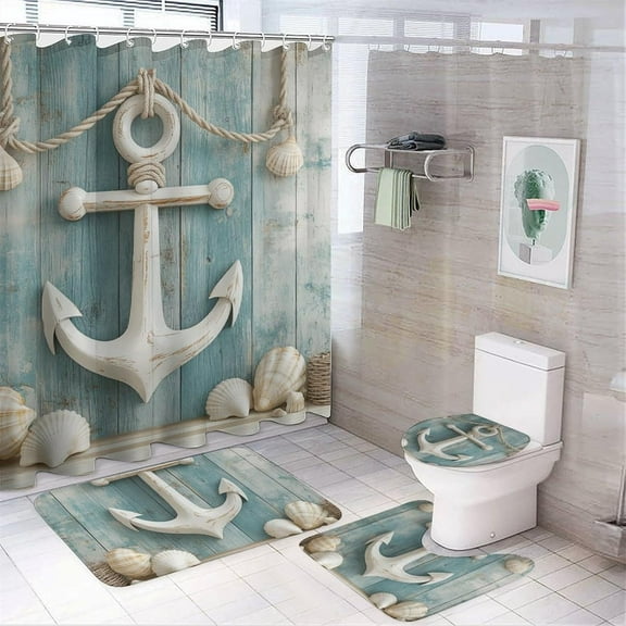 4Pcs Retro Wooden Board Anchor Shower Curtain Sets, 4pcs Ocean Nautical Conch Shower Curtains for Bathroom with Rugs, Toilet Lid Cover, Bath Mat, 72" x 72"