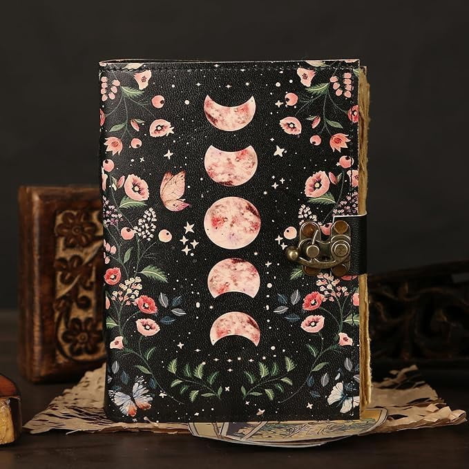 Blank Spell Book of Shadows Journal with Lock Clasp  Handmade Vintage Leather Moon Phase Print Diary for Witchcraft Supplies