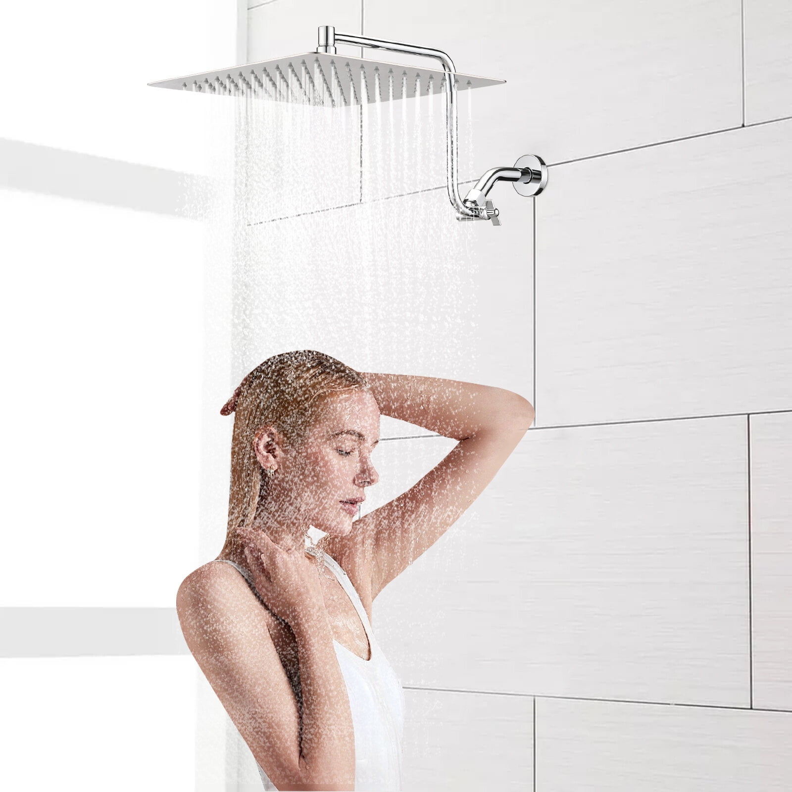 Freestanding Bathtub Faucet, 12 inch Adjustable Extension Arm High-pressure Rain Shower Head, Rain Fixed Shower Head, Freestanding Tub Filler,Stainless Steel Standalone Tub Faucet