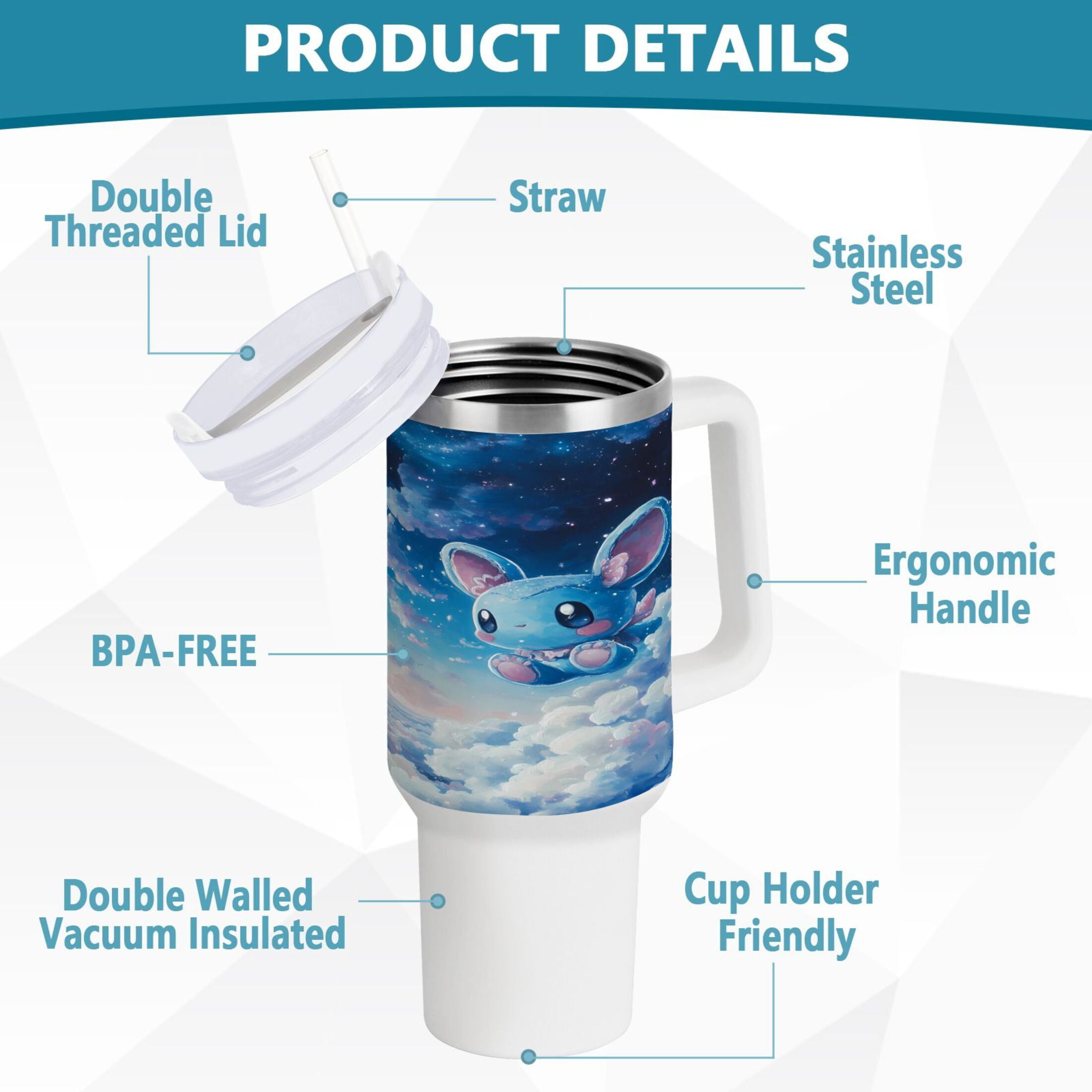40 oz Tumbler with Handle and Straw Lid Cute Blue Mouse in Sky Insulated Vacuum Water Bottle Stainless Steel Travel Cup