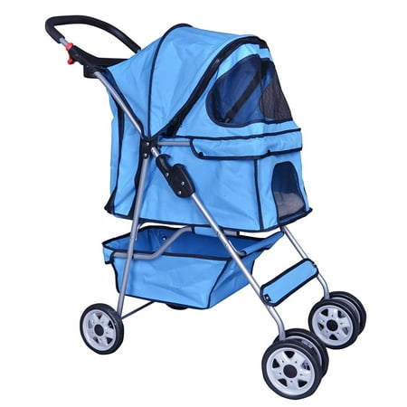 BestPet Blue 4 Wheels Pet Stroller Cat Dog Cage Stroller Travel Folding