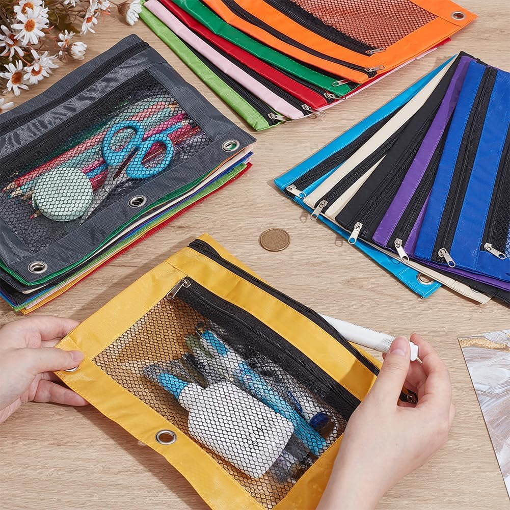 Pencil Pouch for 3 Ring Binder Bulk 24 Pack Mesh Zipper Pencil Case Bags in Assorted Colors - Sturdy and Durable Cloth Pencil Holder
