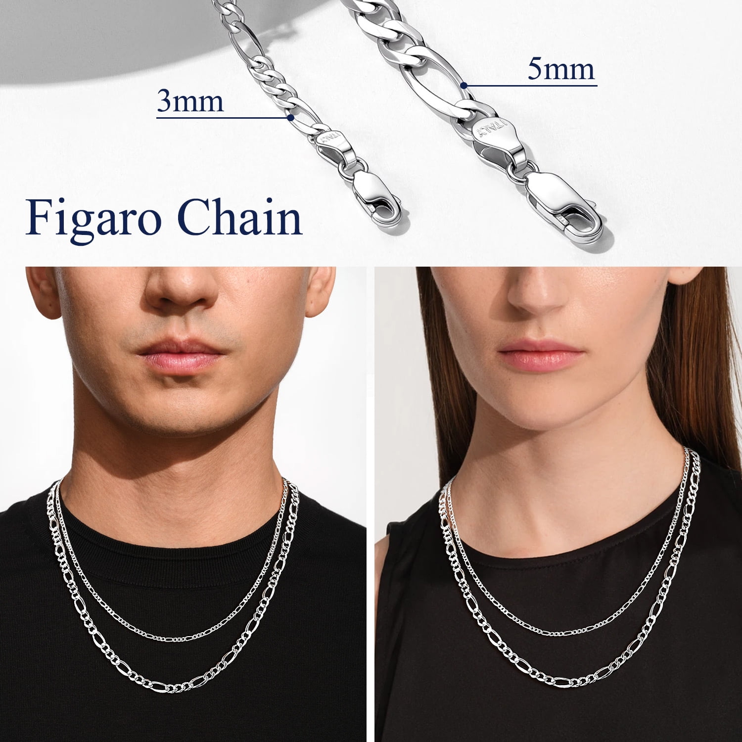 Suplight Solid 925 Sterling Silver 3mm/5mm Figaro Chain Necklace, Jewelry Gift for Men Women