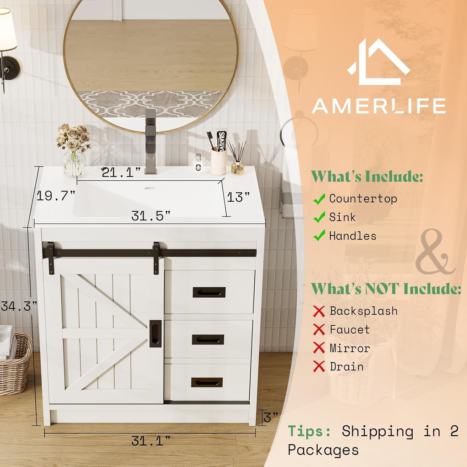 Merluxy Farmhouse Bathroom Vanity with Sink Combo, 31in Sliding Barn Door Bathroom Vanity Cabinet Set, Metal Handles, Antique White