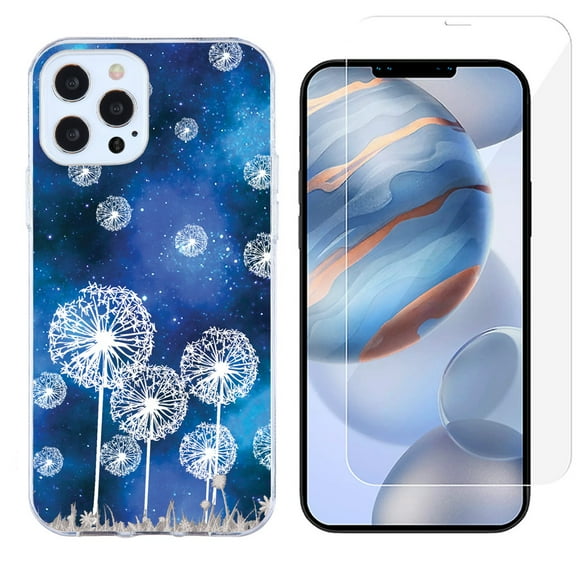 Slim-Fit Protective Phone Case compatible with iPhone 12 Pro Max, with Tempered Glass Screen Protector, by OneToughShield ® - Dandelion Stars