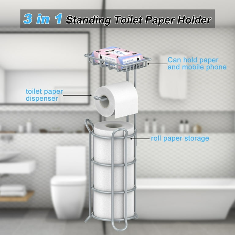 Upgrade Toilet Paper Holder Stand, Silver Gray Freestanding Toilet Paper  Roll Holders with Shelf, Bathroom Tissue Storage Rack